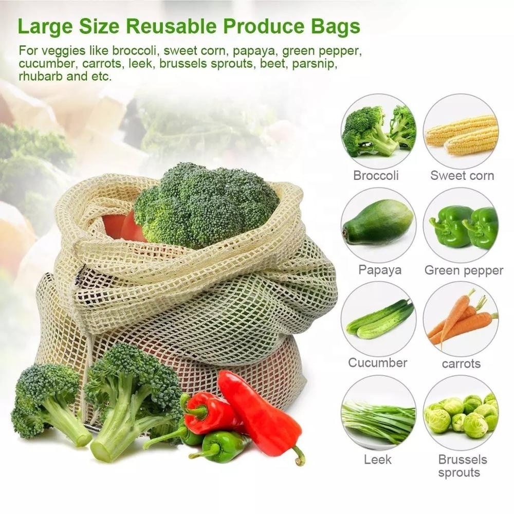 Sopurrrdy Eco friendly Reusable organic cotton mesh produce bag with drawstring for grocery shopping fruit vegetables