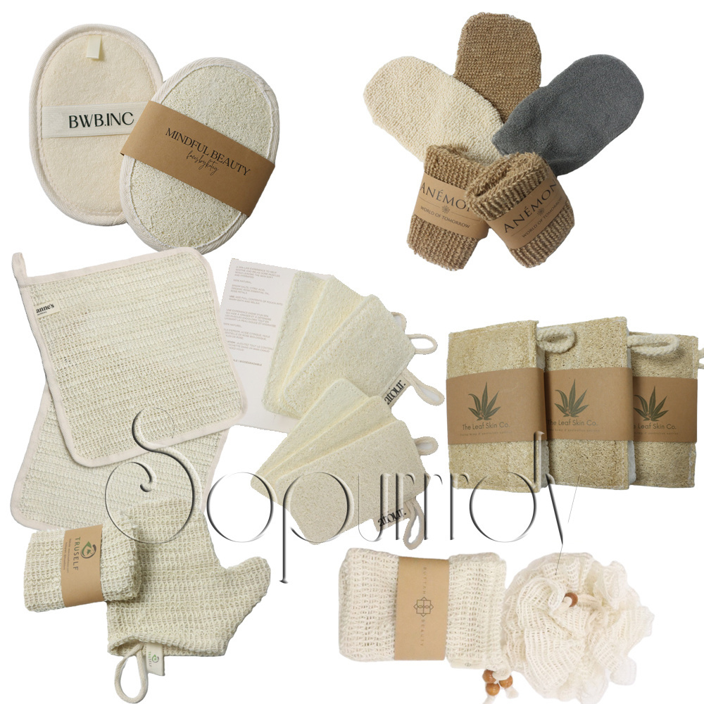 Custom Eco Friendly Loofah Linen Exfoliating Glove Scrubber Natural Shower Body Bath Brushes Sponge Scrub Exfoliating Glove Mitt