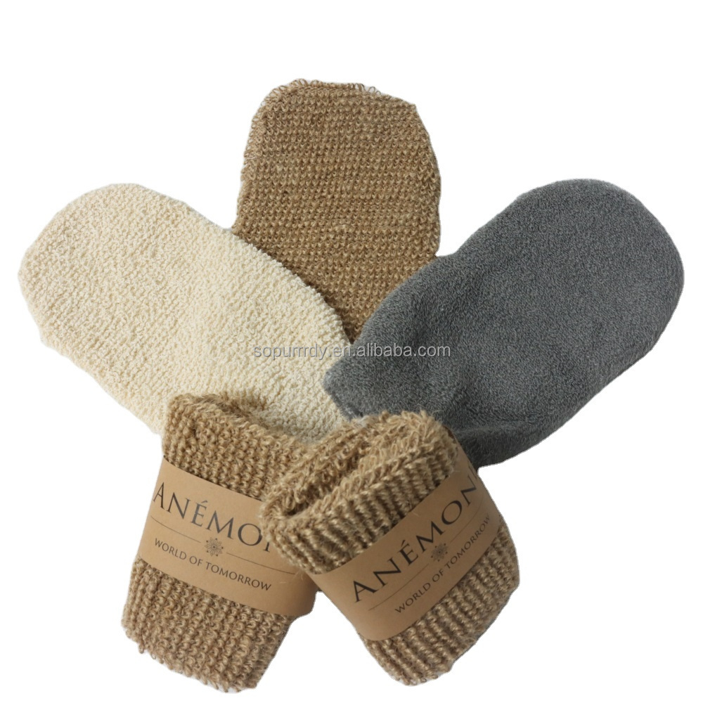 Custom Eco Friendly Loofah Linen Exfoliating Glove Scrubber Natural Shower Body Bath Brushes Sponge Scrub Exfoliating Glove Mitt