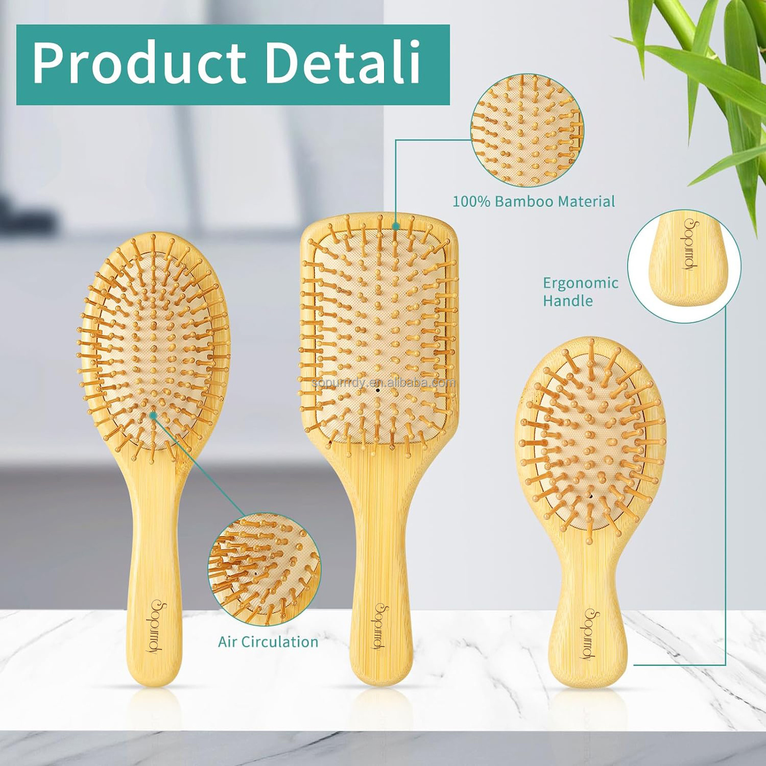 Custom Logo Self Cleaning Bamboo Hair Brush And Comb Set For Women Men And Kids Paddle Detangling Brush For Wet Dry Curly Hair