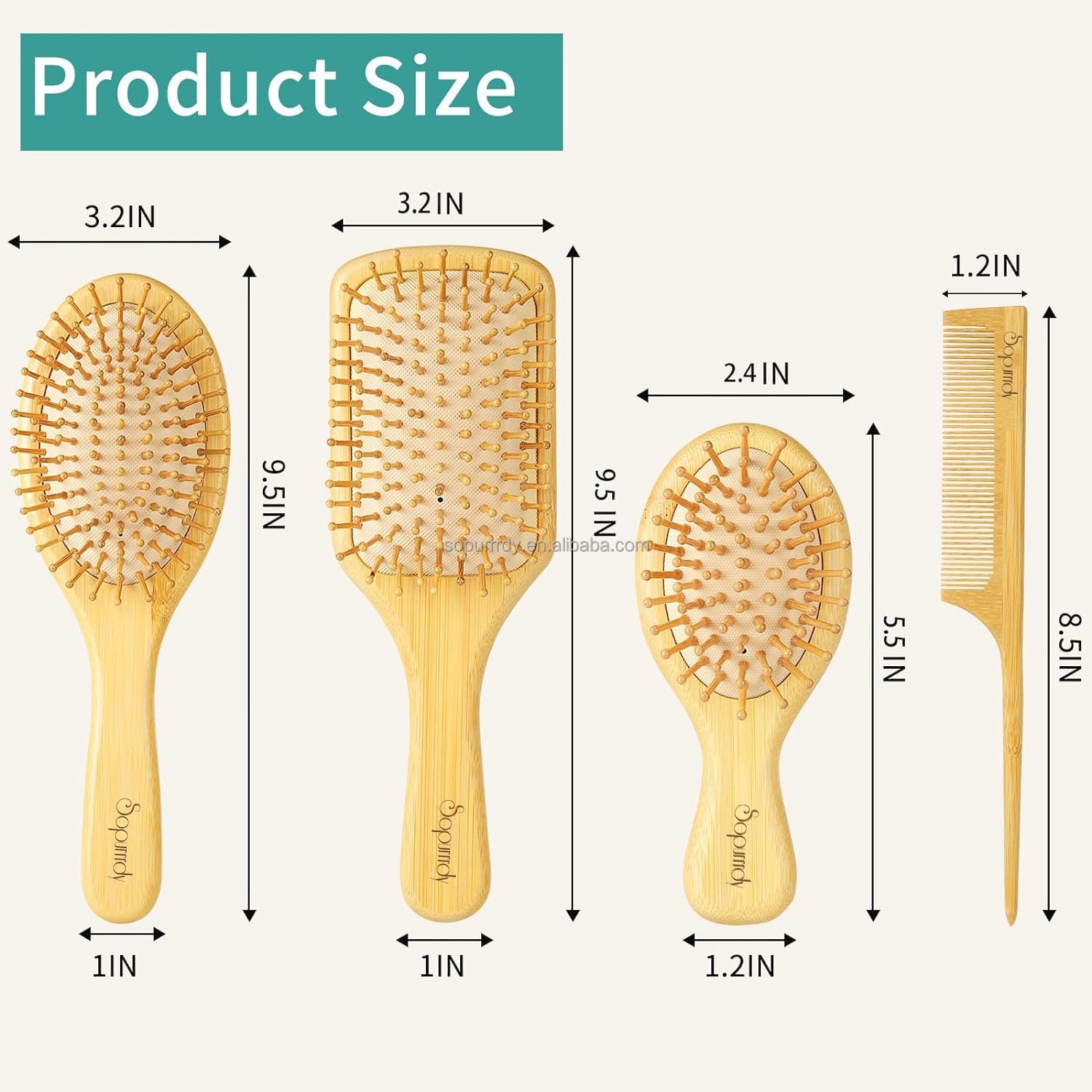 Custom Logo Self Cleaning Bamboo Hair Brush And Comb Set For Women Men And Kids Paddle Detangling Brush For Wet Dry Curly Hair