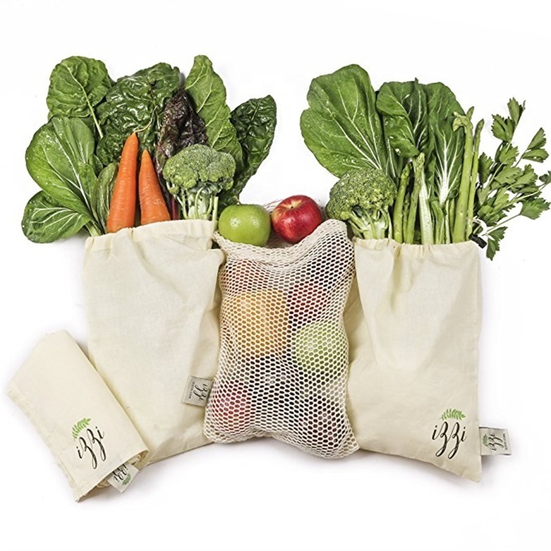 Sopurrrdy Eco friendly Reusable organic cotton mesh produce bag with drawstring for grocery shopping fruit vegetables