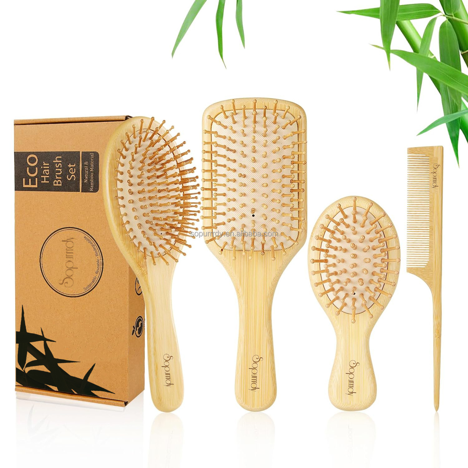 Custom Logo Self Cleaning Bamboo Hair Brush And Comb Set For Women Men And Kids Paddle Detangling Brush For Wet Dry Curly Hair