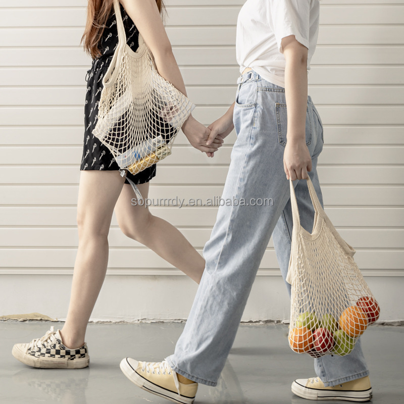 Big Beach Cotton Net Shopping Bag With Inside Pockets Custom Logo Tote For Fruit Vegetable Small Mesh Drawstring Produce Bag