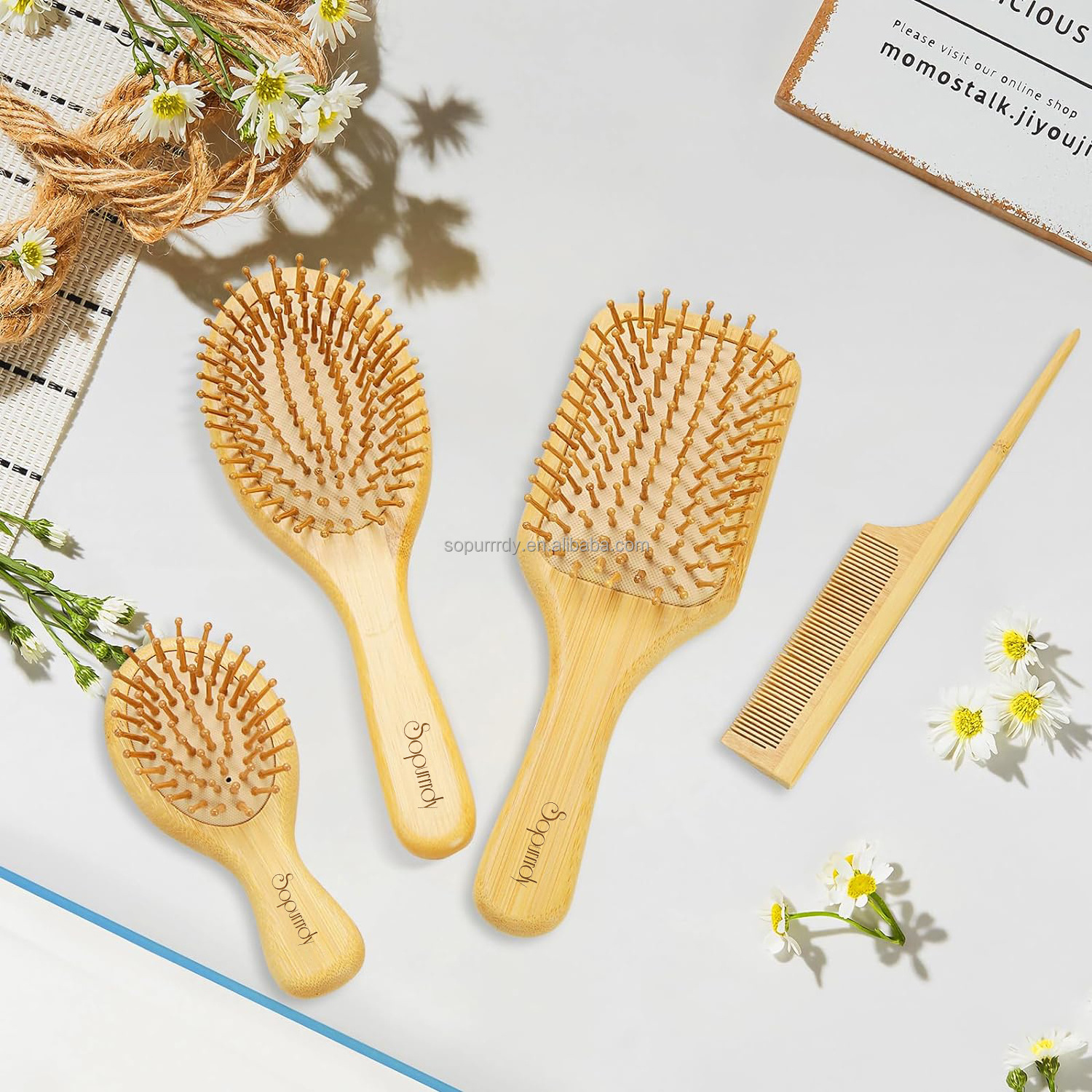 Custom Logo Self Cleaning Bamboo Hair Brush And Comb Set For Women Men And Kids Paddle Detangling Brush For Wet Dry Curly Hair