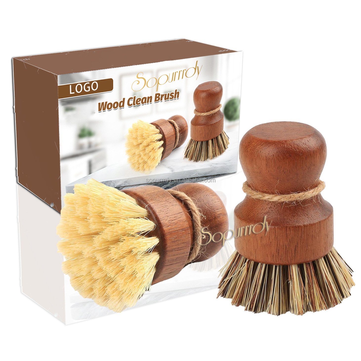 Custom Logo Eco-friendly Bamboo Wood Dish Brush Wooden Dish Brush with Sisal Fiber  Natural Scrub Brush Kit for Dishes