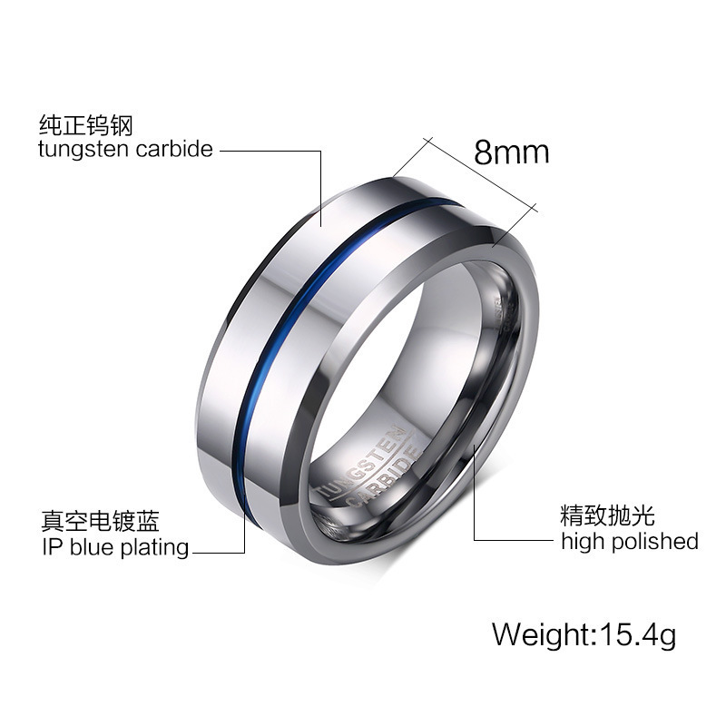 Men Jewelry Thin Blue Line tungsten ring blank 8MM Tungsten Carbide Steel Time Ring