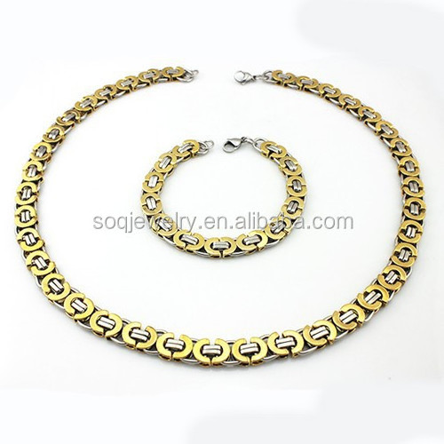 2023 Jewelry Sets Stainless Steel Two Tone Flat Byzantine Chain Necklace + 18k Gold Silver Cuff Bracelet