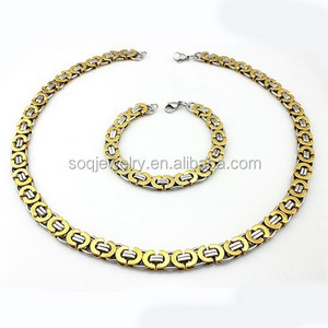 2023 Jewelry Sets Stainless Steel Two Tone Flat Byzantine Chain Necklace + 18k Gold Silver Cuff Bracelet