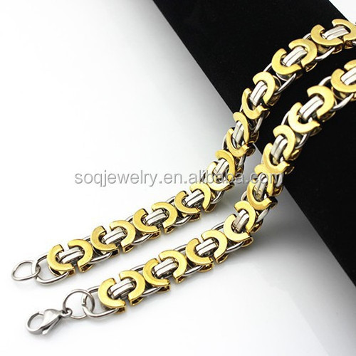 2023 Jewelry Sets Stainless Steel Two Tone Flat Byzantine Chain Necklace + 18k Gold Silver Cuff Bracelet