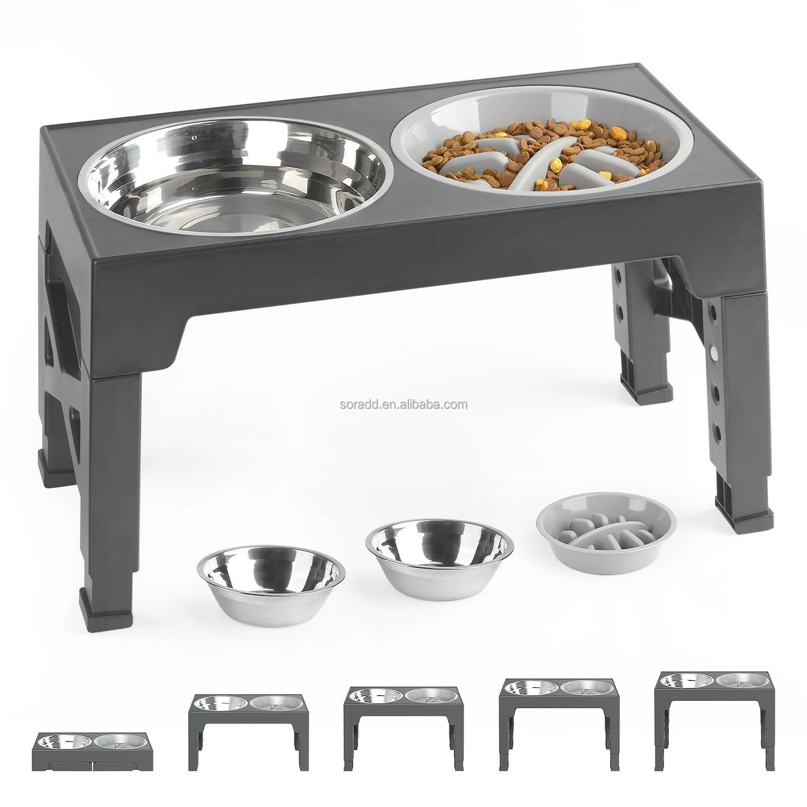 Non-Slip Foldable 5 Height Adjustable Raised Stand Elevated Pet Dog Bowls with Stainless Steel Food Bowl and Slow Feeder Bowl