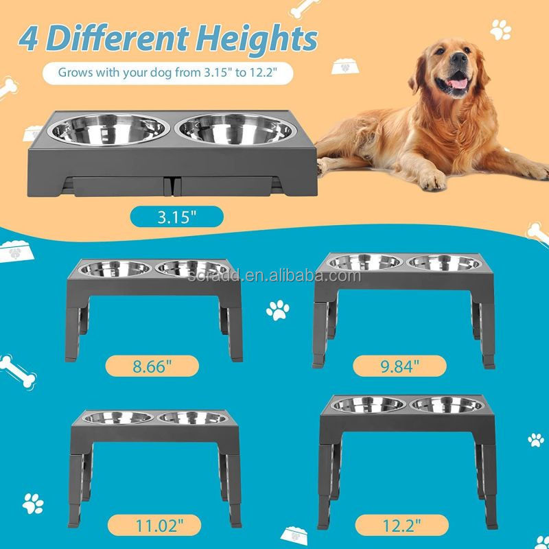 Non-Slip Foldable 5 Height Adjustable Raised Stand Elevated Pet Dog Bowls with Stainless Steel Food Bowl and Slow Feeder Bowl