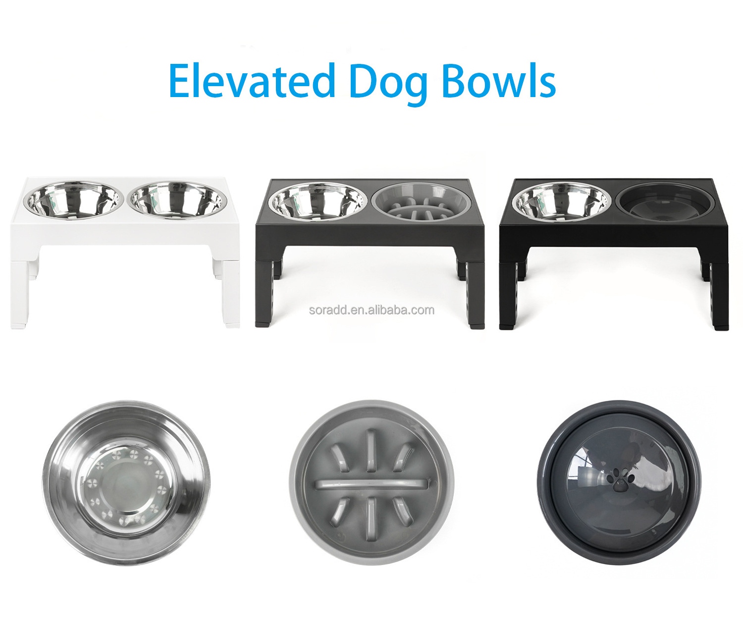 Non-Slip Foldable 5 Height Adjustable Raised Stand Elevated Pet Dog Bowls with Stainless Steel Food Bowl and Slow Feeder Bowl