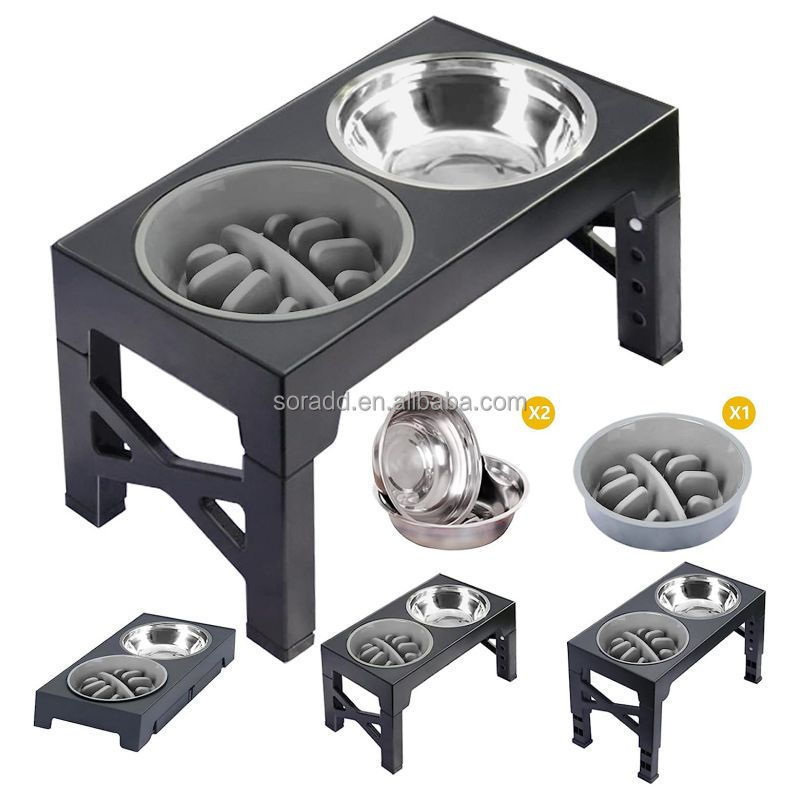 Non-Slip Foldable 5 Height Adjustable Raised Stand Elevated Pet Dog Bowls with Stainless Steel Food Bowl and Slow Feeder Bowl