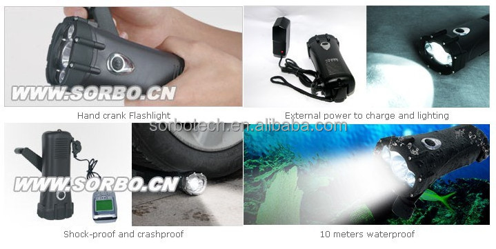 Waterproof and Shockproof Dynamo Hand Crank Flashlight with Phone Charger Rechargeable Flashlight