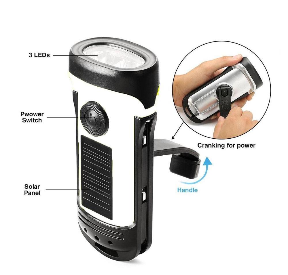 Emergency Waterproof 3 LED Flashlight Solar Powered LED Torch Hand Crank Rechargeable Flashlight