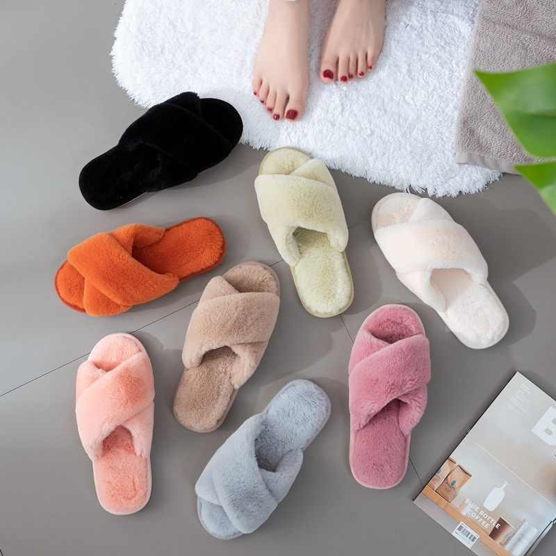 2024 Cozy Open Toe Band Cross Slippers Winter Indoor Outdoor Home Ladies Fluffy Slides Plush Faux Fur Slippers For Women