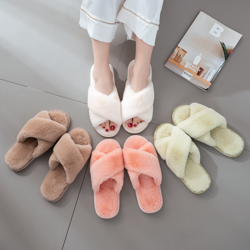 2024 Cozy Open Toe Band Cross Slippers Winter Indoor Outdoor Home Ladies Fluffy Slides Plush Faux Fur Slippers For Women