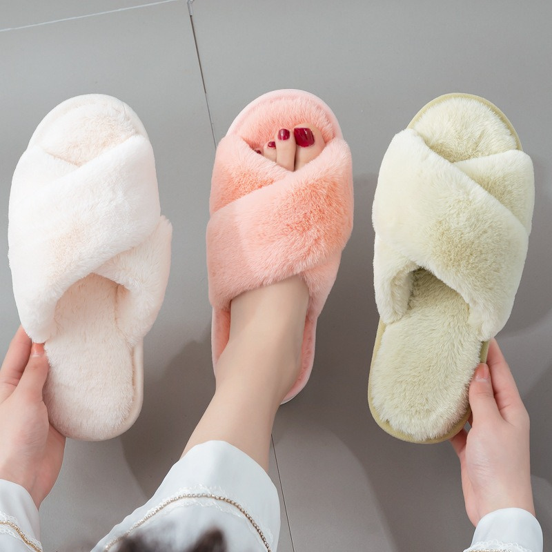 2024 Cozy Open Toe Band Cross Slippers Winter Indoor Outdoor Home Ladies Fluffy Slides Plush Faux Fur Slippers For Women