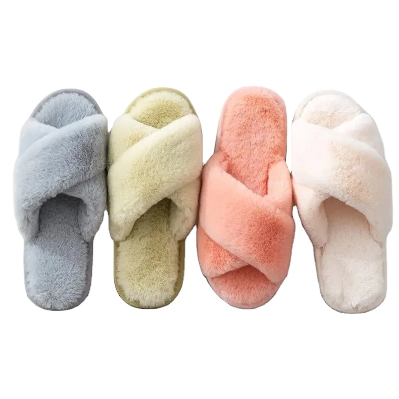 2024 Cozy Open Toe Band Cross Slippers Winter Indoor Outdoor Home Ladies Fluffy Slides Plush Faux Fur Slippers For Women