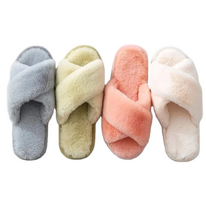 2024 Cozy Open Toe Band Cross Slippers Winter Indoor Outdoor Home Ladies Fluffy Slides Plush Faux Fur Slippers For Women