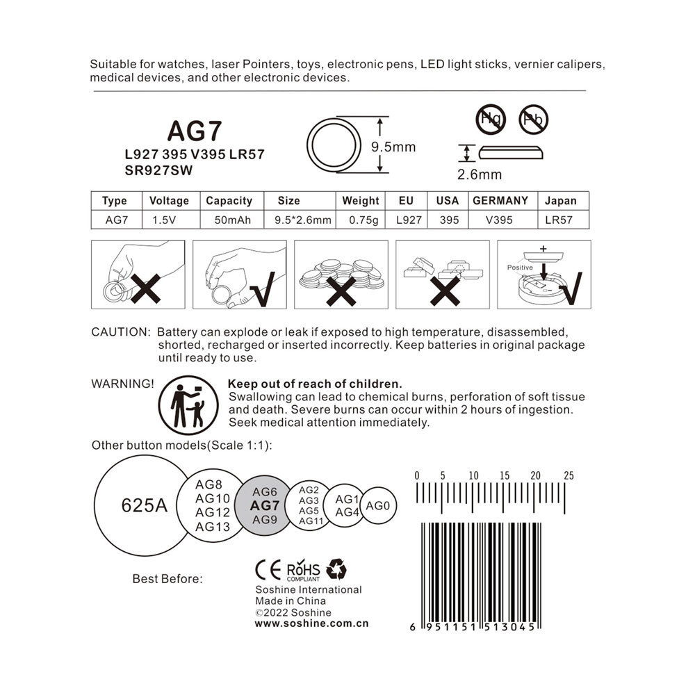 12 Pack LR927 SR927SW 395 399 AG7 Battery 1.5V Watch Batteries