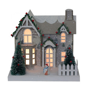 New Year Presents Ornaments 9.45" Inch Handmade Paper Board LED Lighted Winter Snow Christmas Village Houses With Snowman