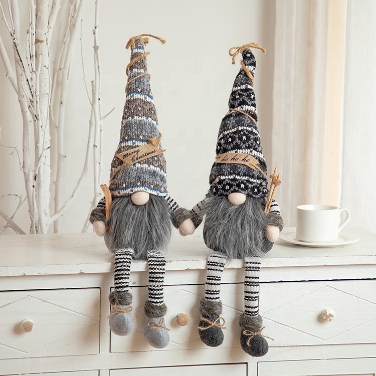 Dark Gray Knitted Summer Christmas Gnome Plush Collectible Holiday Decor Swedish Nordic Gnomes Ornaments With Long Dangling Legs