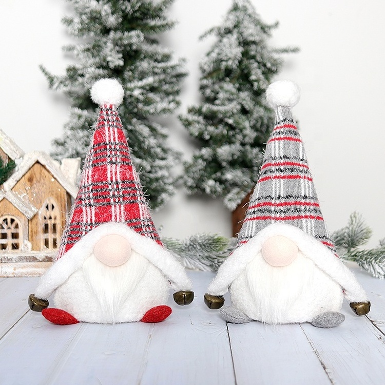 Lighted Set of 2 Knitted Hat Handmade Table Swedish Gnomes Christmas Decorations LED Sitting Santa Plaid Gnome Plush Doll