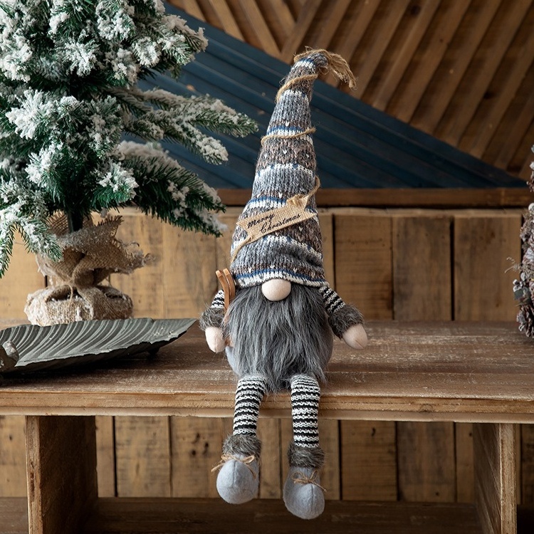 Dark Gray Knitted Summer Christmas Gnome Plush Collectible Holiday Decor Swedish Nordic Gnomes Ornaments With Long Dangling Legs