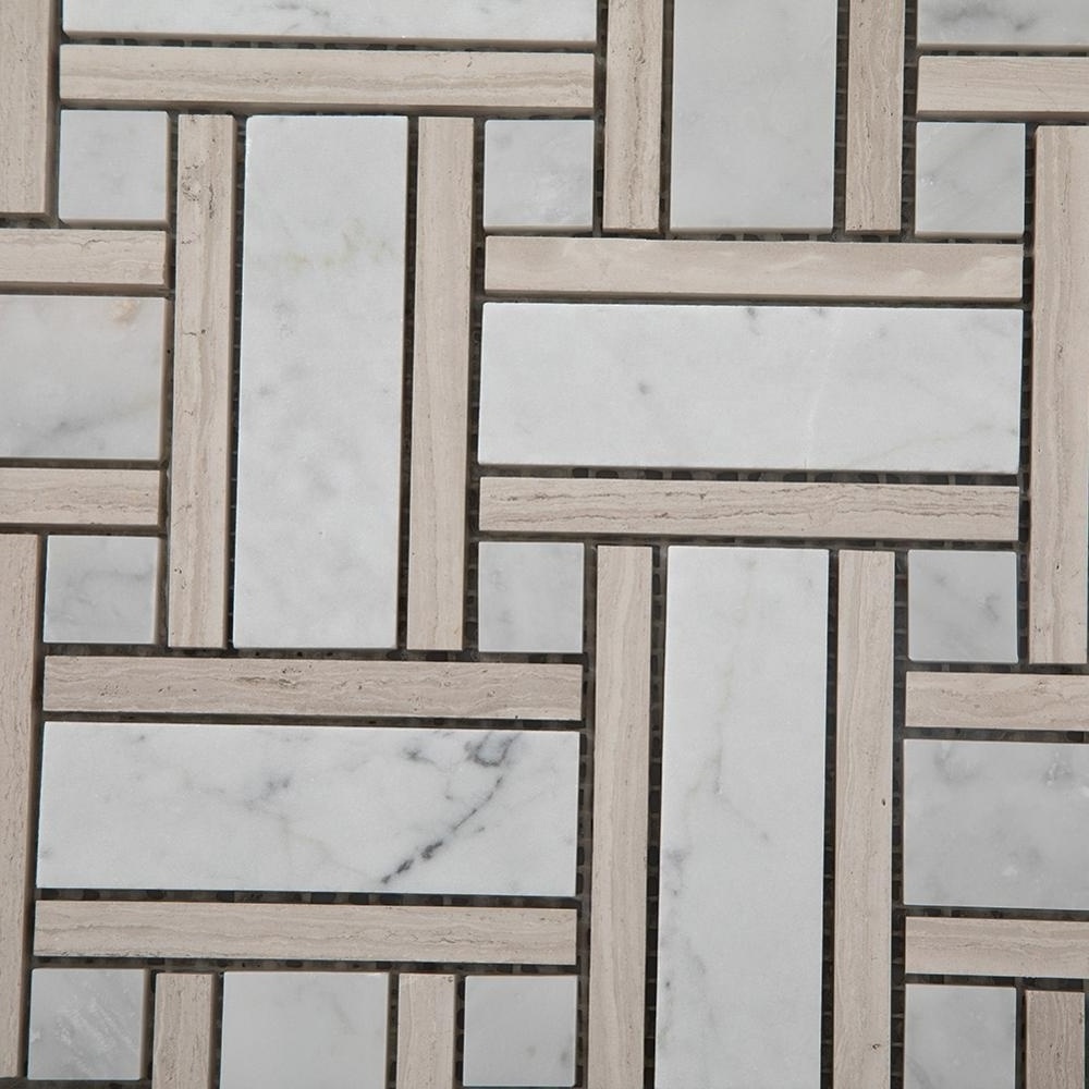 Light Wooden Carrara Marble Basketweave Mosaic Bathroom Floor Tiles