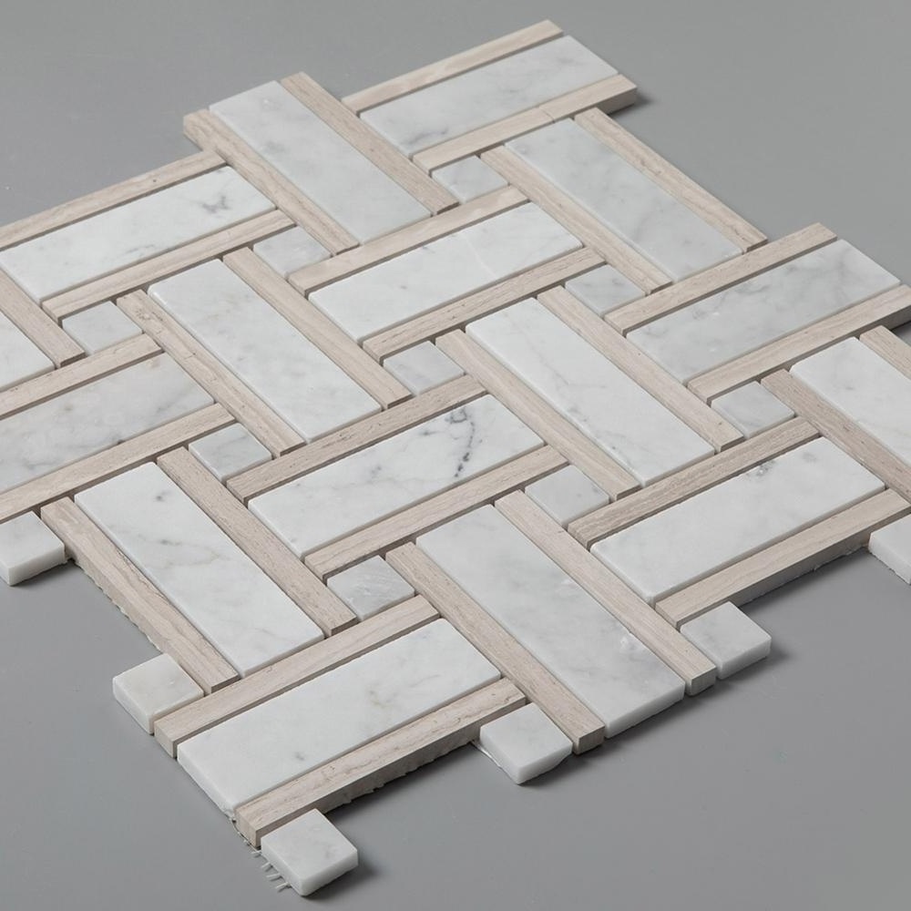 Light Wooden Carrara Marble Basketweave Mosaic Bathroom Floor Tiles