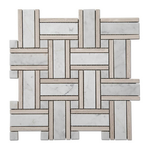 Light Wooden Carrara Marble Basketweave Mosaic Bathroom Floor Tiles