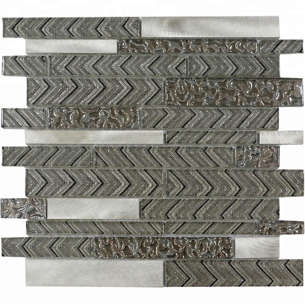 Glossy Strip Laminated Glass And Metal Mosaic Tile Kitchen Backsplash