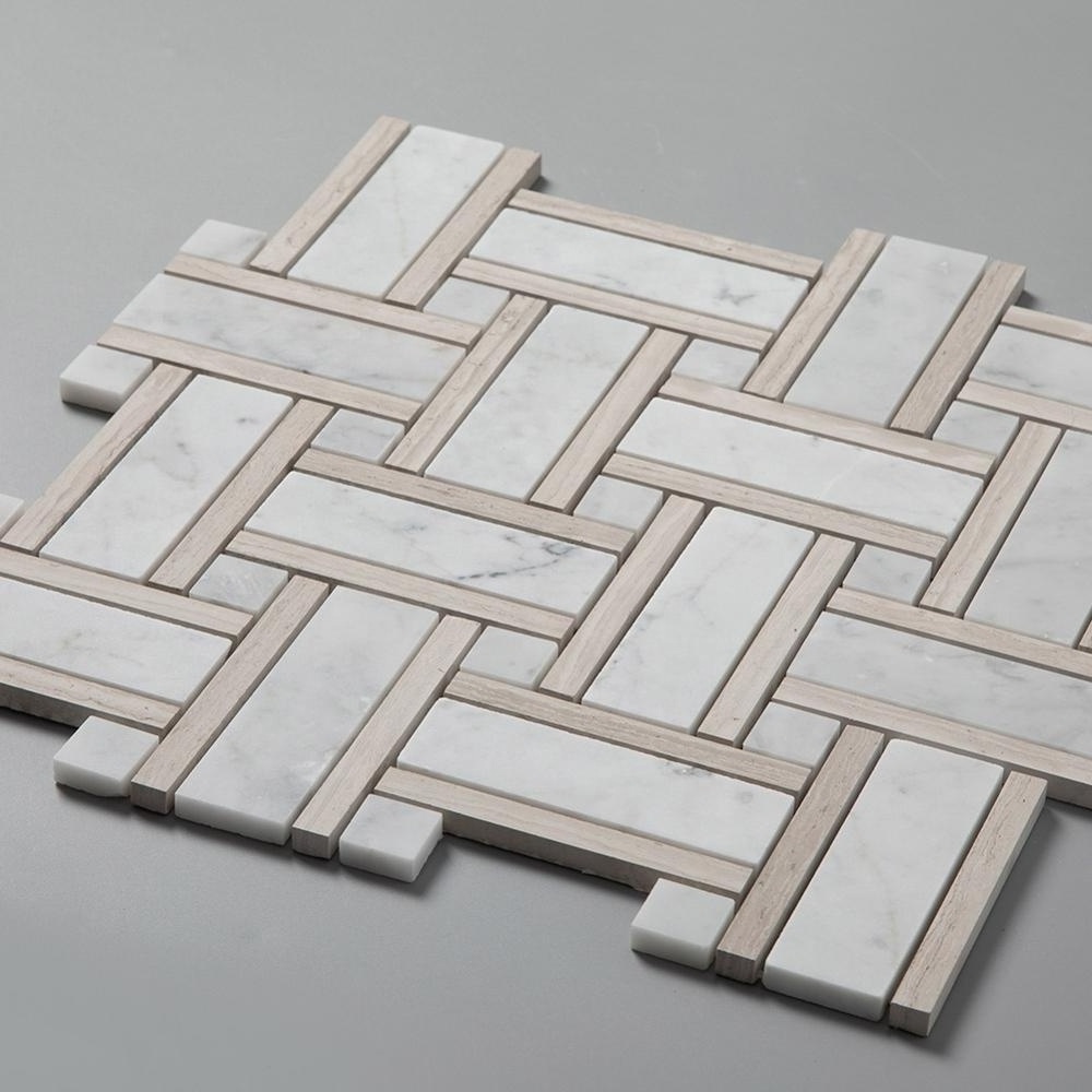 Light Wooden Carrara Marble Basketweave Mosaic Bathroom Floor Tiles