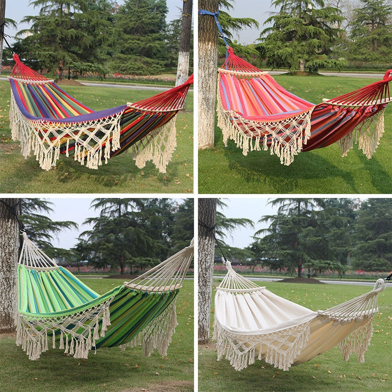 Double outdoor hammock camping supplies leisure hammock portable swing tassel bent stick camping hammock wholesale