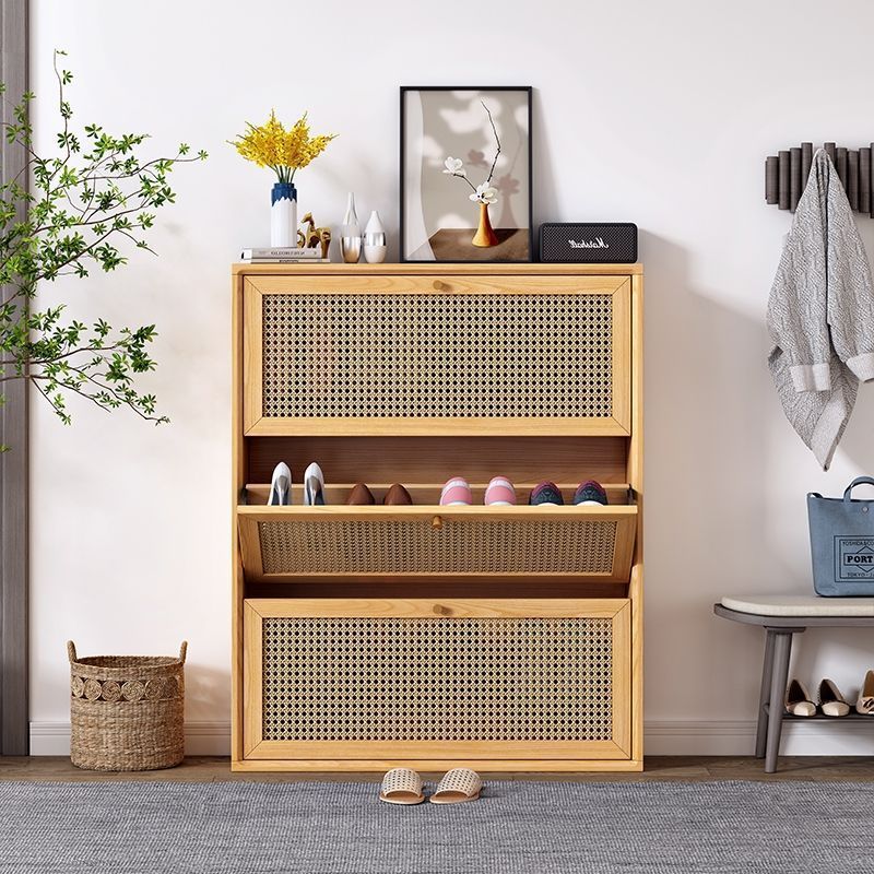 Tipping bucket shoe cabinet solid wood door rattan ultra-thin entrance cabinet storage locker shoe rack