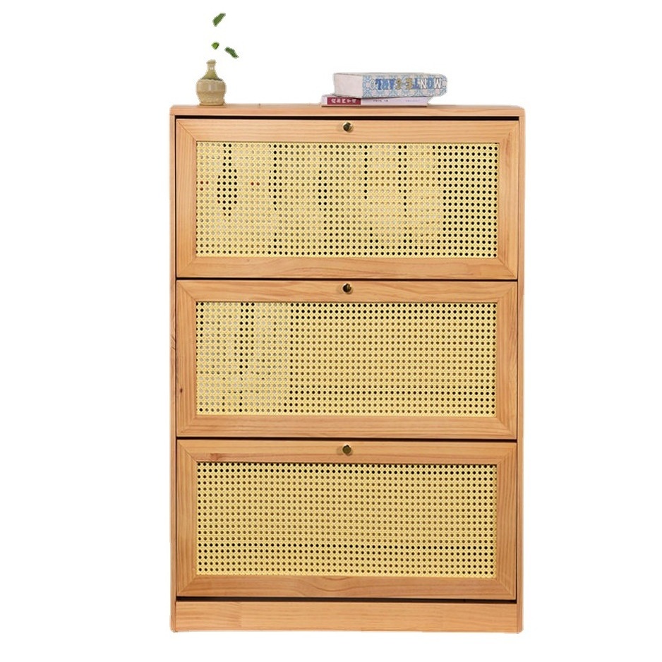 Tipping bucket shoe cabinet solid wood door rattan ultra-thin entrance cabinet storage locker shoe rack