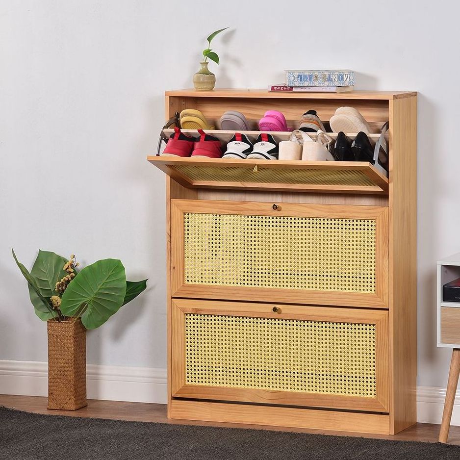 Tipping bucket shoe cabinet solid wood door rattan ultra-thin entrance cabinet storage locker shoe rack