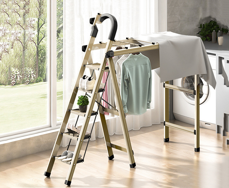 Factory Household Folding Ladder Multi functional Indoor Clothes Drying Dual purpose Thickened Aluminum Alloy Ladder