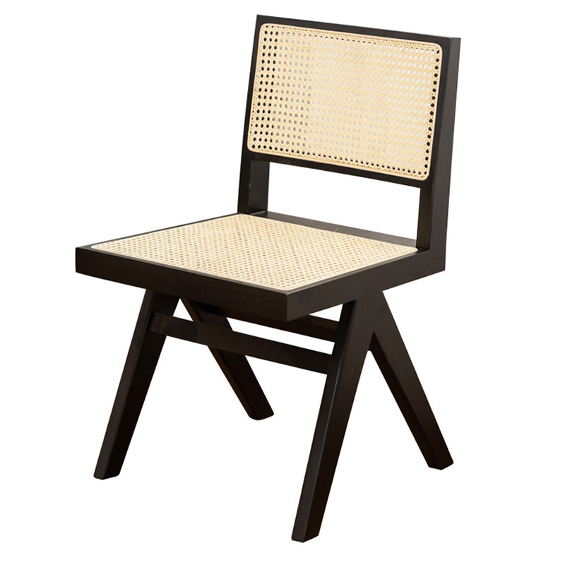 Hot sell Rattan Dining Chair Backrest Black Solid Wood Simple Small Household Patio Rattan Outdoor Chair