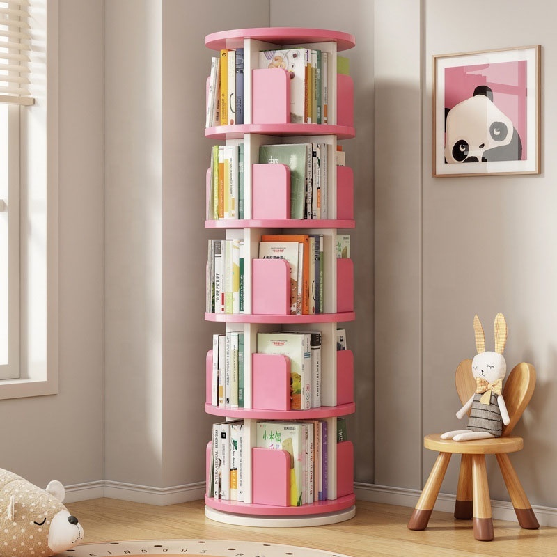 Rotating Space-Saving Wooden Bookshelf for Children and Students Simple Baby Bookcase with Storage Shelves