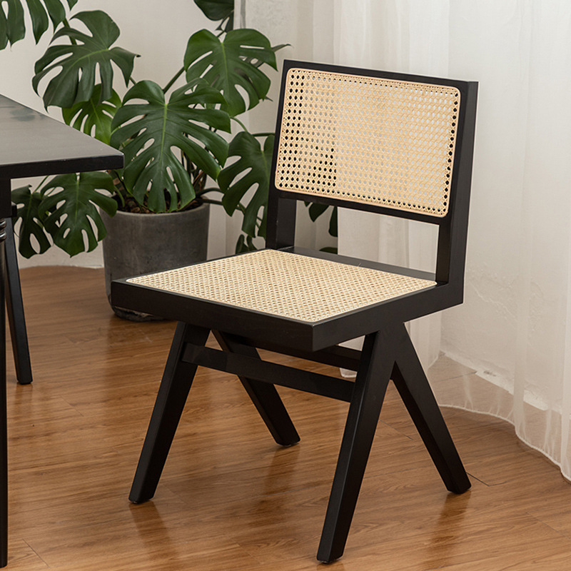 Hot sell Rattan Dining Chair Backrest Black Solid Wood Simple Small Household Patio Rattan Outdoor Chair