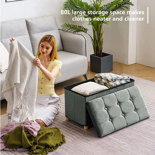 New Nordic folding velvet storage box storage and organization shoe changing stool toy storage stool with wooden legs to sit on