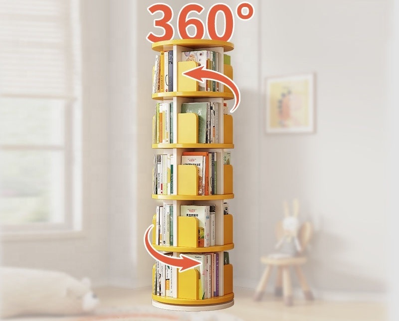 Rotating Space-Saving Wooden Bookshelf for Children and Students Simple Baby Bookcase with Storage Shelves