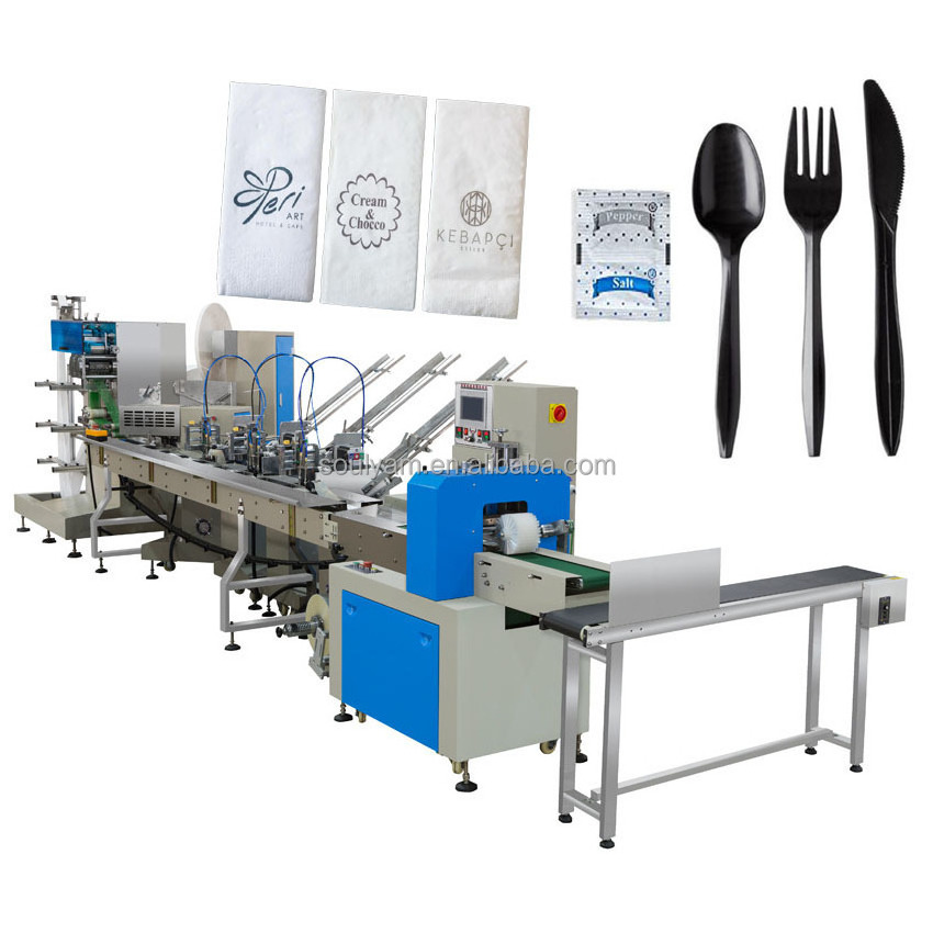 Automatic Disposable Cutlery Set Packing Machine For Napkin Tissue Spoon Fork Knife Toothpick Salt Pepper Sugar Wipes Sachet