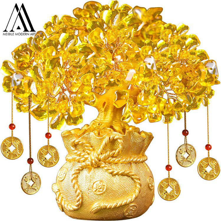 Golden Money Tree Feng Shui Wallet Bag Purse Crystal Chinese Pot Bonsai Style Gemstone Tree Luck Office Home Decoration