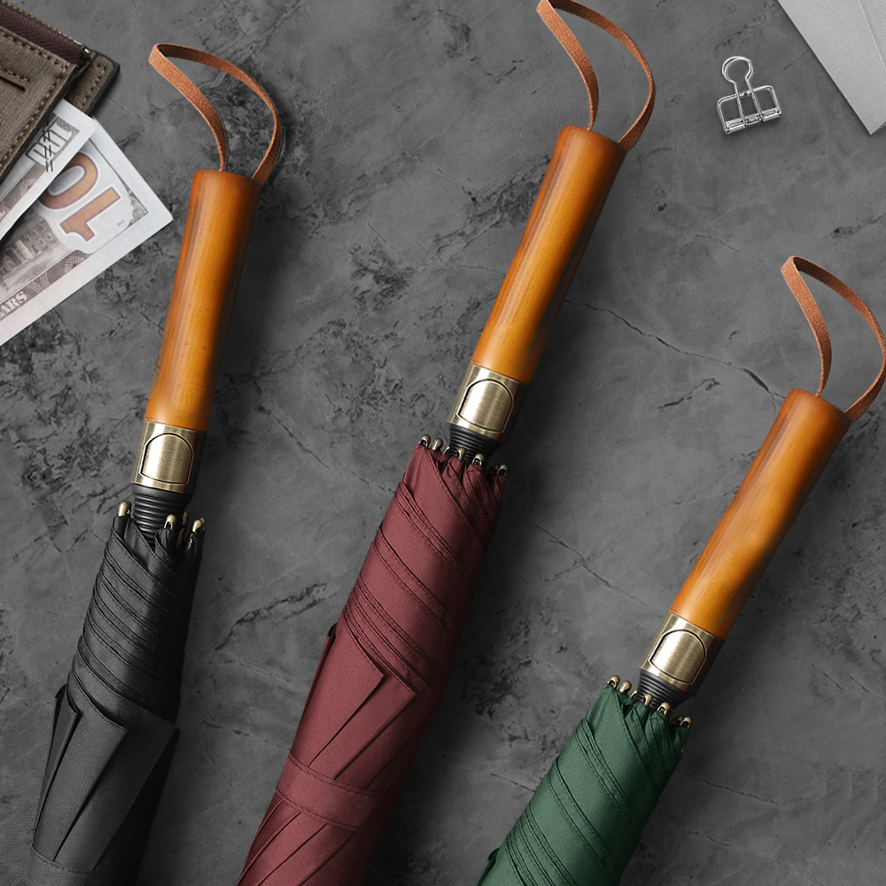 SW 8 Bone Wooden Handle Engraved Customized Business Men's Umbrella Golf Umbrella XL Straight Automatic Rain and Shine Umbrella