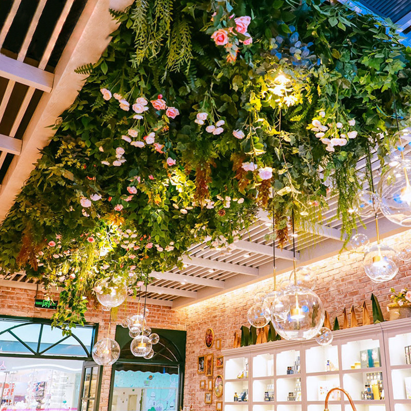 Hotel Restaurant Hall Roof Green Fake Leaf Grass Wall Panel Greenery Artificial Ceiling Hanging Leaves Plant for Ceiling Decor