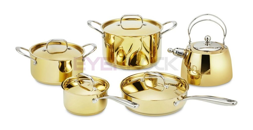 High quality hot selling stainless steel golden 5 pcs cookware set Cast stainless steel handle and knob Gol yellow cookware